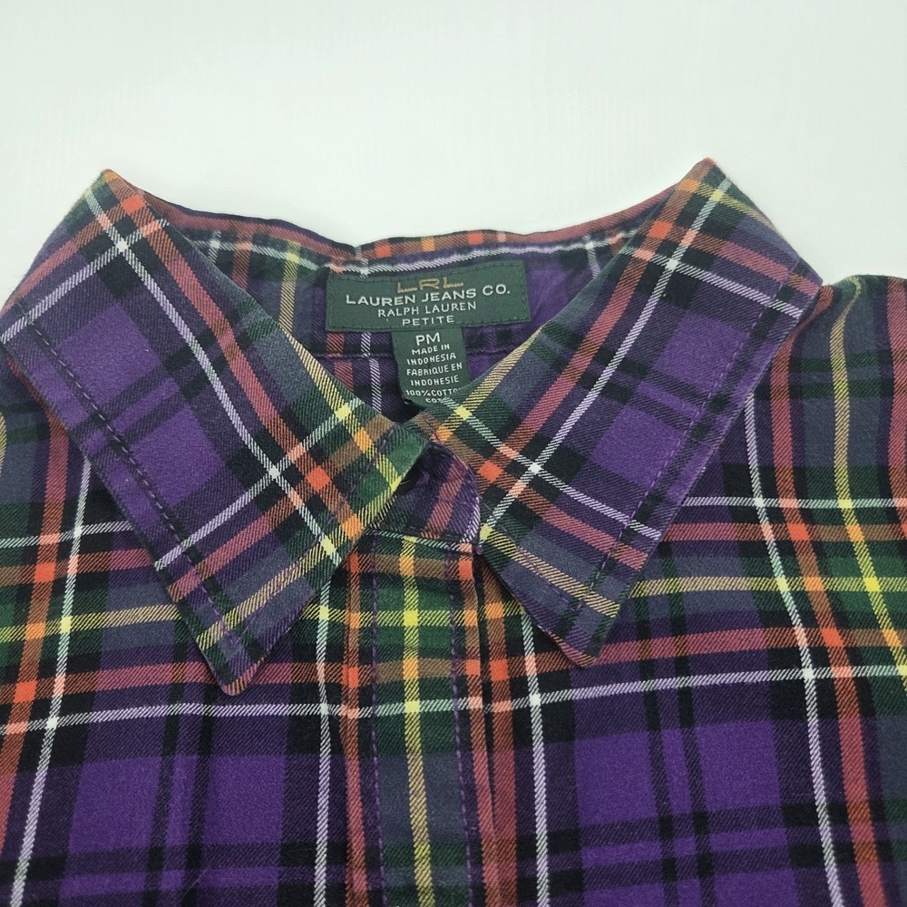 LRL Jeans Co Ralph Lauren Women PM Shirt-Cotton Purple Plaid Button Up Top - Picture 3 of 13